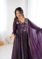 Prazu Fashion Dark Purple Crunchy Silk Embroidered Sequence Anarkali Gown | Grocsy