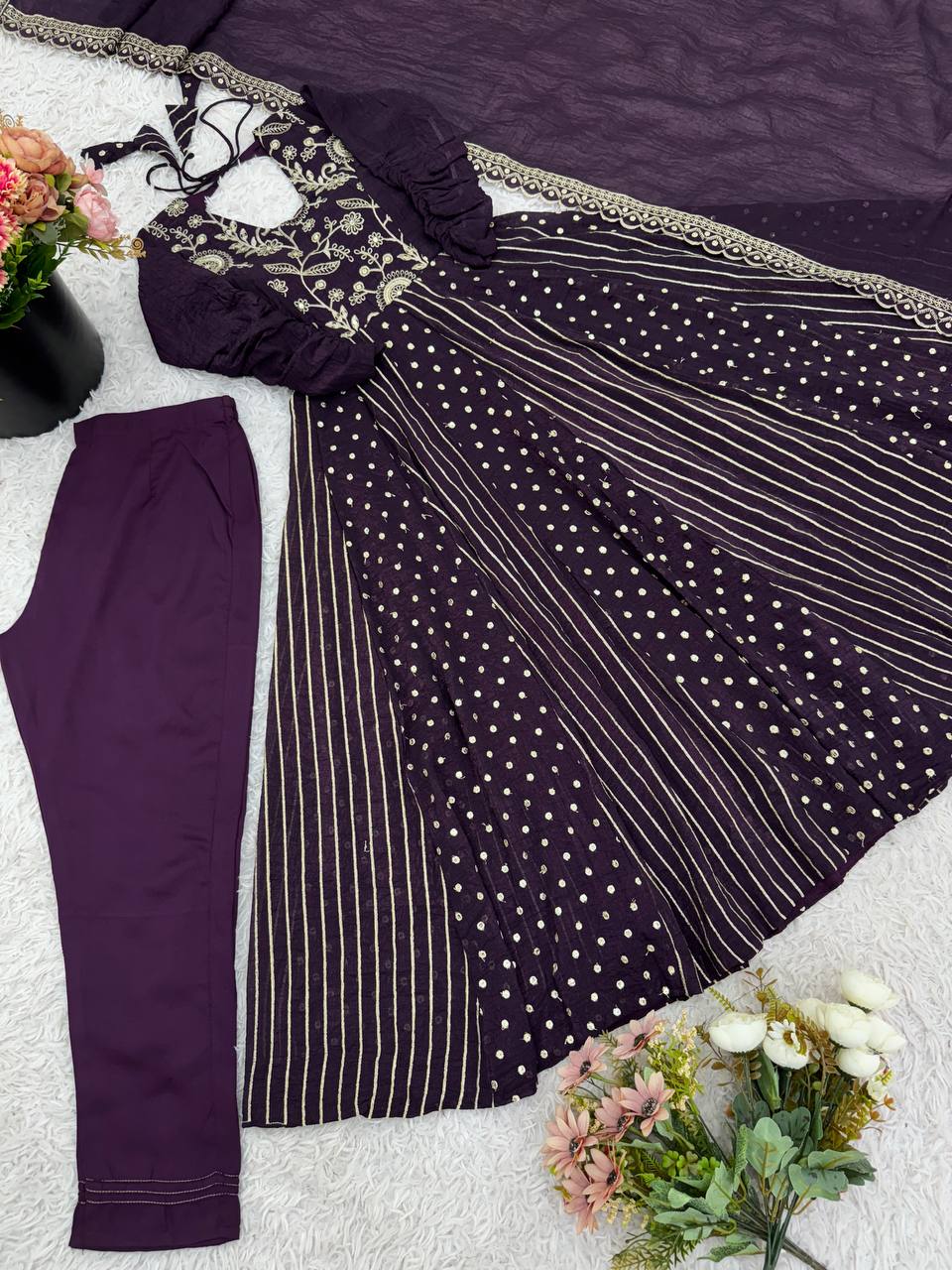 Prazu Fashion Dark Purple Crunchy Silk Embroidered Sequence Anarkali Gown | Grocsy