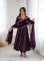 Prazu Fashion Dark Purple Crunchy Silk Embroidered Sequence Anarkali Gown | Grocsy