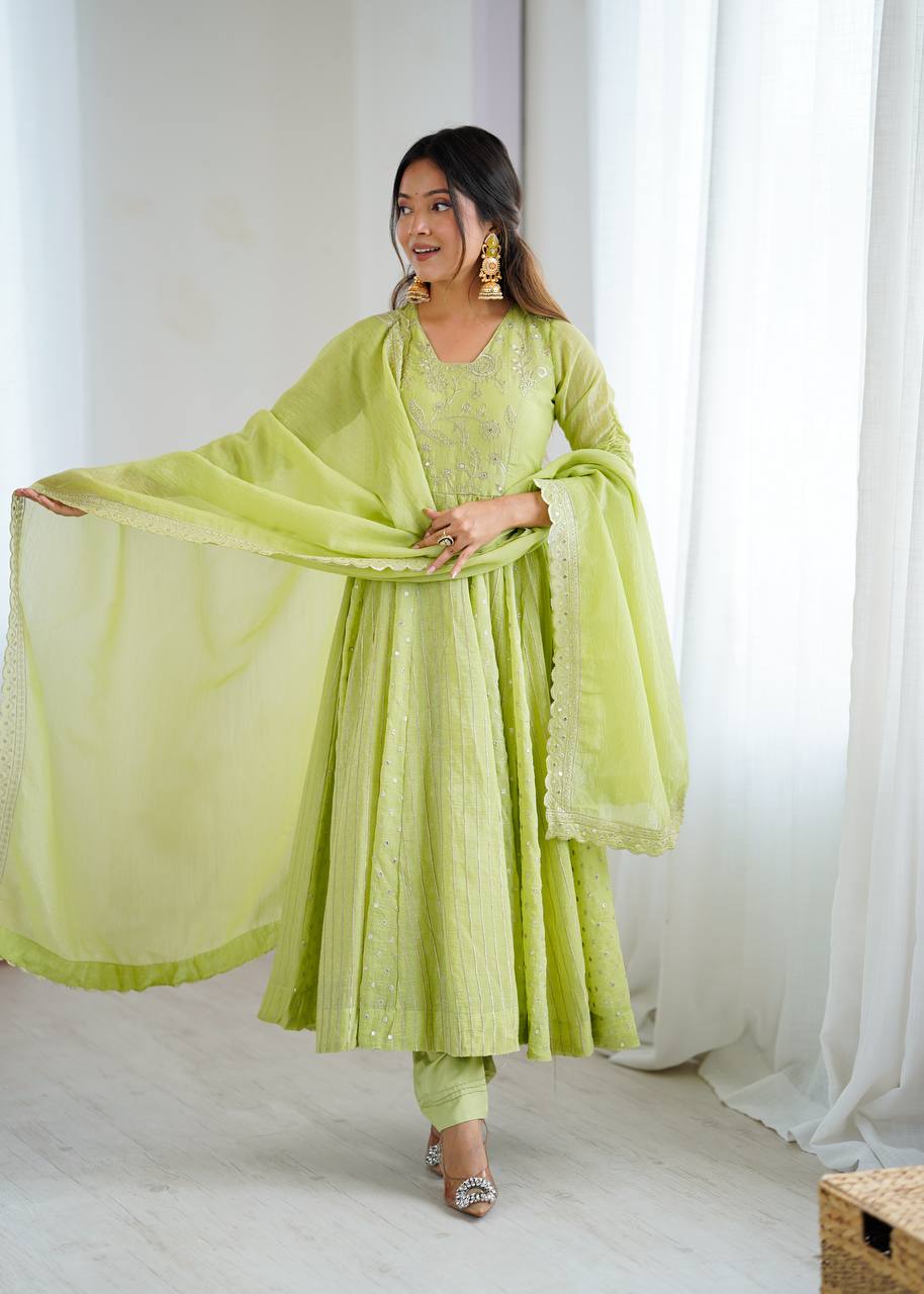 Prazu Fashion Lime Green Crunchy Silk Embroidered Sequence Anarkali Gown | Grocsy