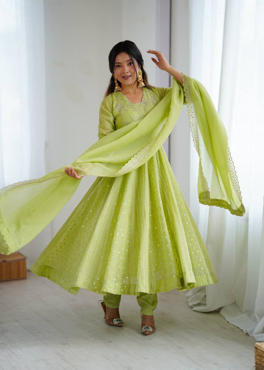 Prazu Fashion Lime Green Crunchy Silk Embroidered Sequence Anarkali Gown | Grocsy