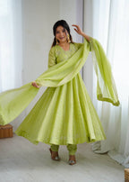 Prazu Fashion Lime Green Crunchy Silk Embroidered Sequence Anarkali Gown | Grocsy