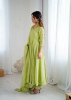 Prazu Fashion Lime Green Crunchy Silk Embroidered Sequence Anarkali Gown | Grocsy
