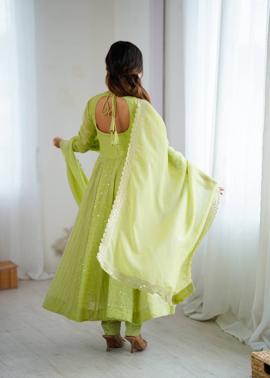 Prazu Fashion Lime Green Crunchy Silk Embroidered Sequence Anarkali Gown | Grocsy