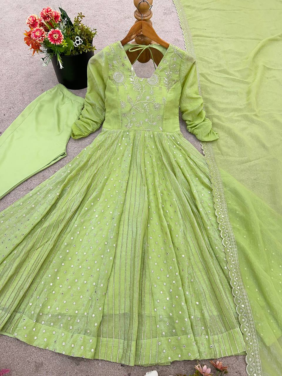 Prazu Fashion Lime Green Crunchy Silk Embroidered Sequence Anarkali Gown | Grocsy