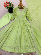 Prazu Fashion Lime Green Crunchy Silk Embroidered Sequence Anarkali Gown | Grocsy
