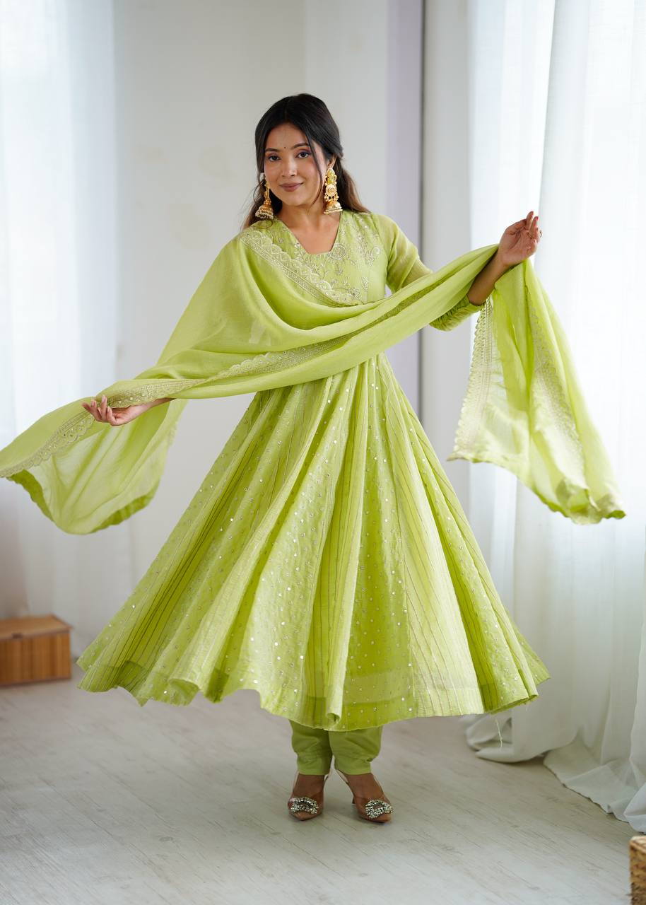 Prazu Fashion Lime Green Crunchy Silk Embroidered Sequence Anarkali Gown | Grocsy