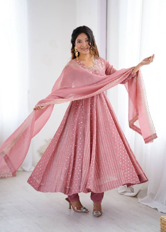 Prazu Fashion Onion Pink Crunchy Silk Embroidered Sequence Anarkali Gown | Grocsy