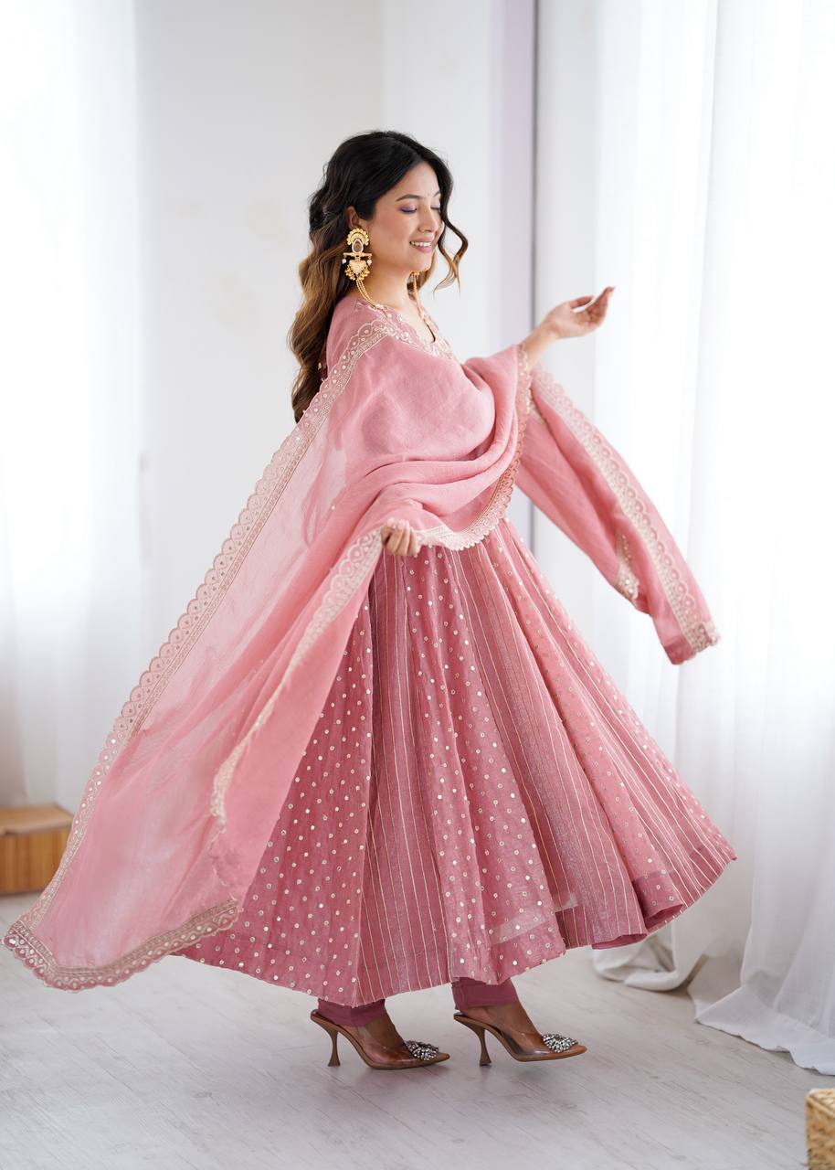 Prazu Fashion Onion Pink Crunchy Silk Embroidered Sequence Anarkali Gown | Grocsy