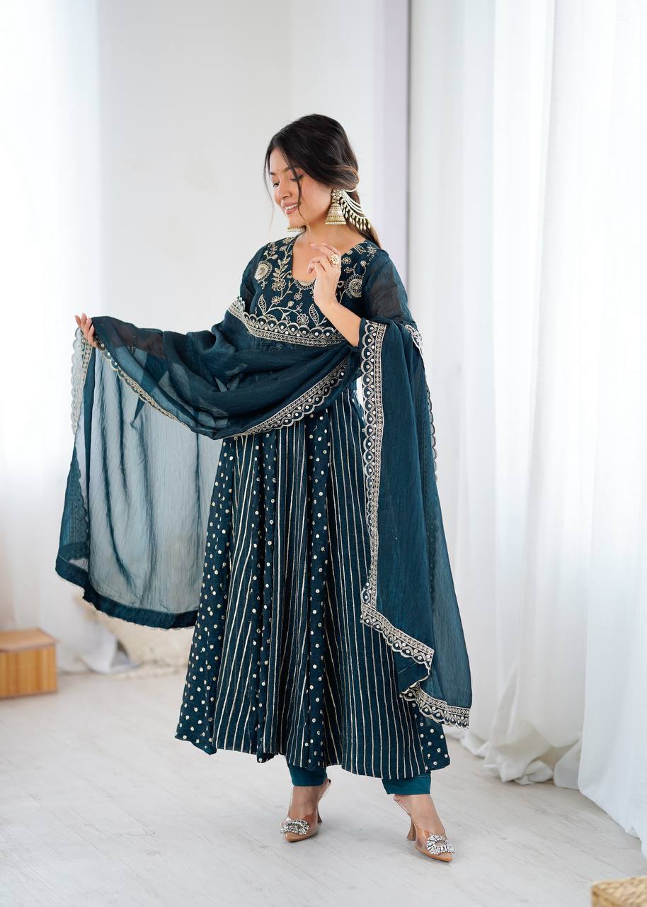 Prazu Fashion Rama Crunchy Silk Embroidered Sequence Anarkali Gown | Grocsy
