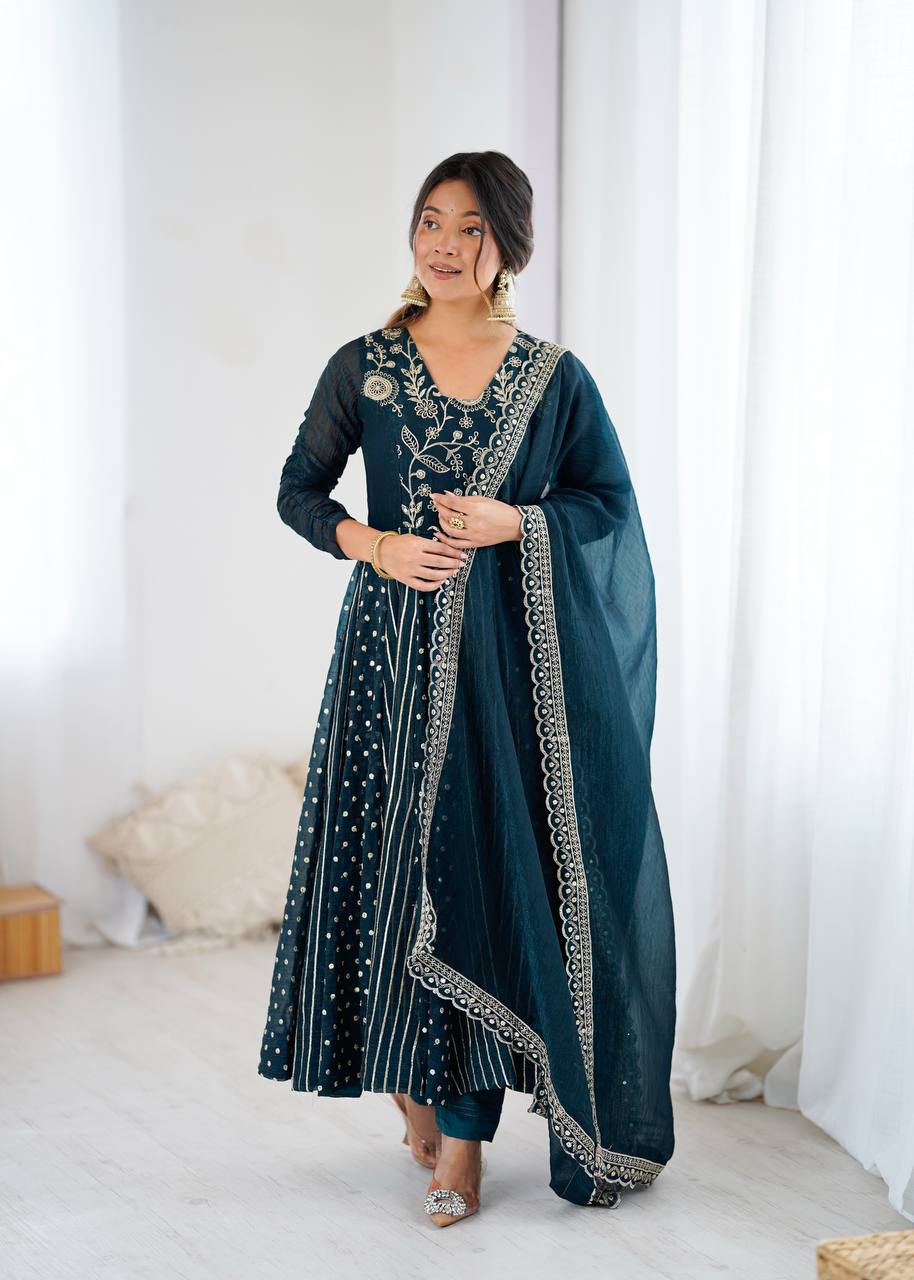 Prazu Fashion Rama Crunchy Silk Embroidered Sequence Anarkali Gown | Grocsy