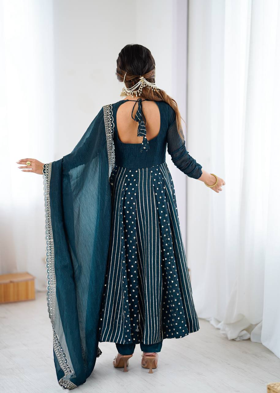 Prazu Fashion Rama Crunchy Silk Embroidered Sequence Anarkali Gown | Grocsy