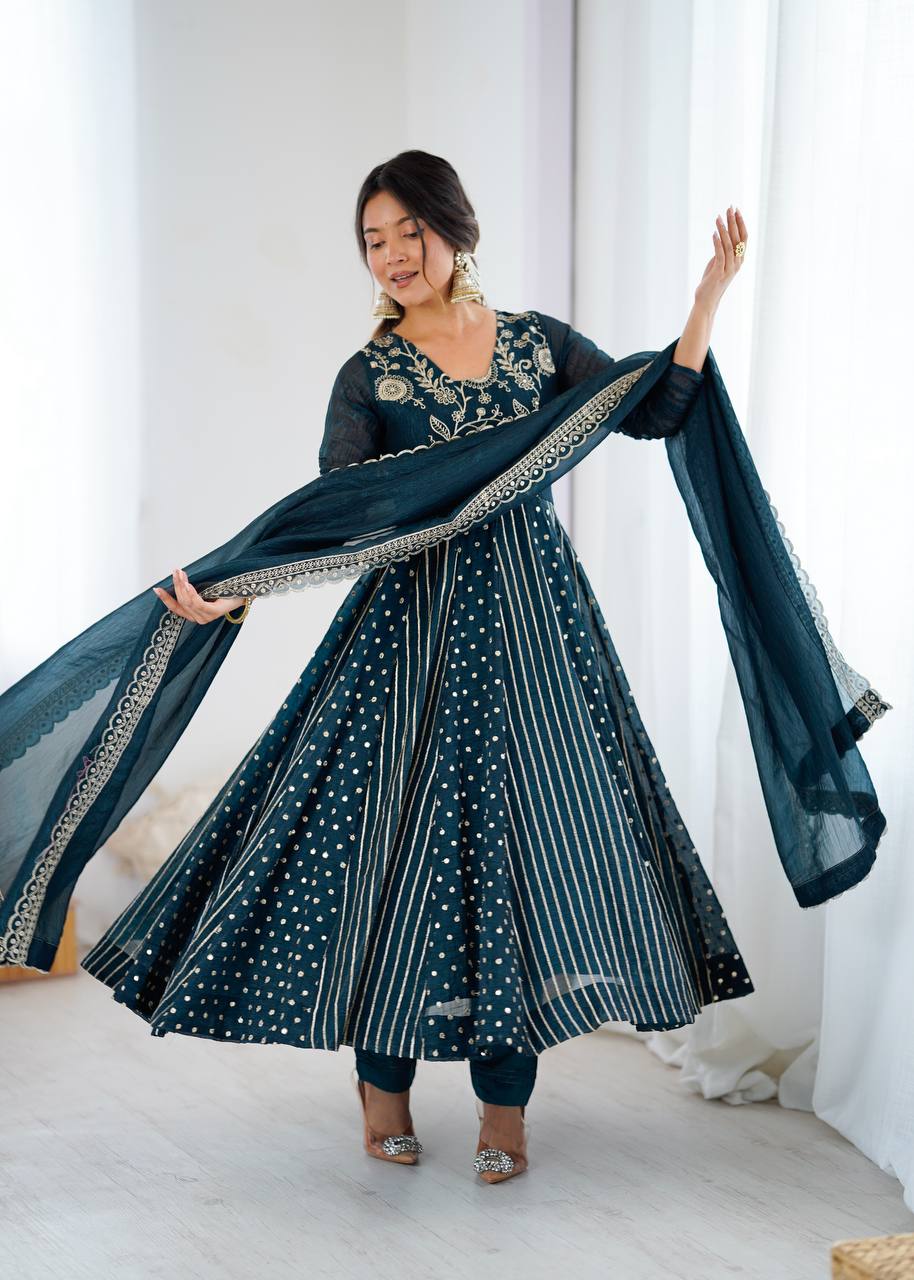 Prazu Fashion Rama Crunchy Silk Embroidered Sequence Anarkali Gown | Grocsy