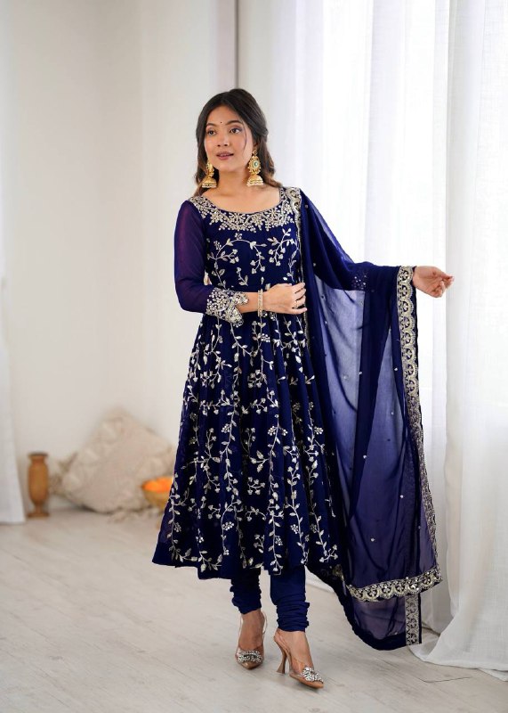 Prazu Fashion Blue Georgette Embroidered Designer Anarkali Gown | Grocsy