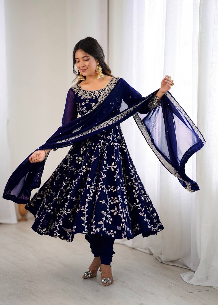 Prazu Fashion Blue Georgette Embroidered Designer Anarkali Gown | Grocsy