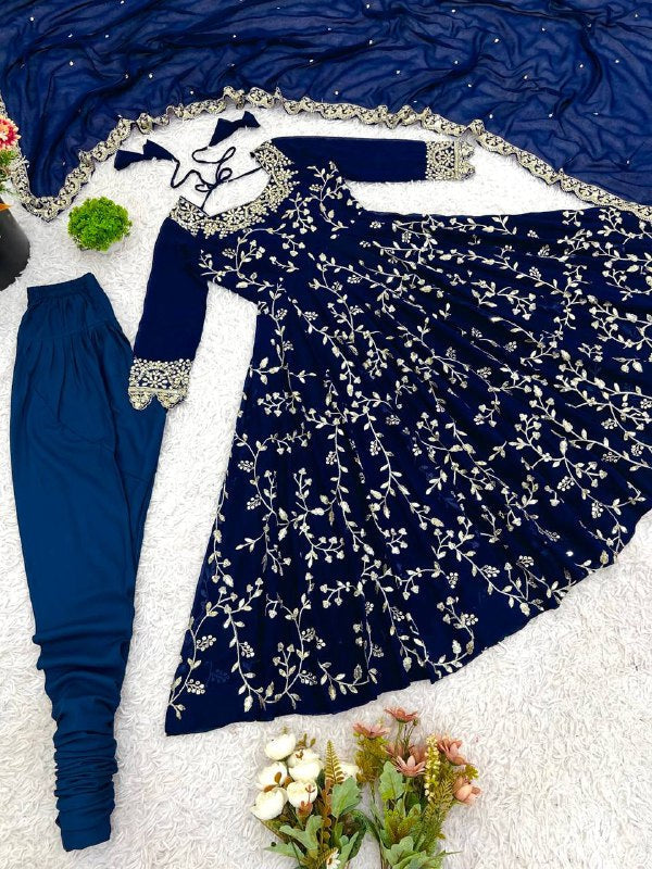 Prazu Fashion Blue Georgette Embroidered Designer Anarkali Gown | Grocsy
