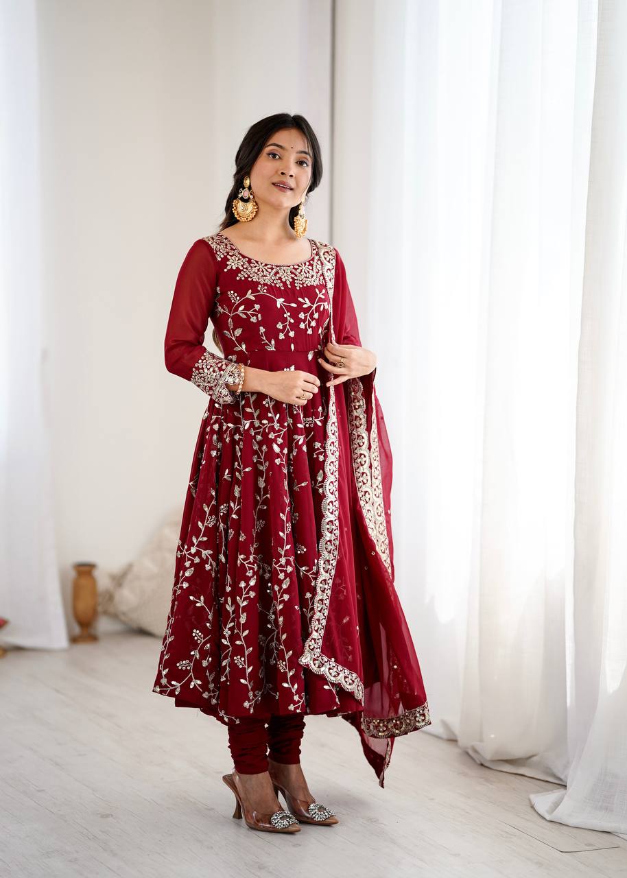 Prazu Fashion Maroon Georgette Embroidered Designer Anarkali Gown | Grocsy