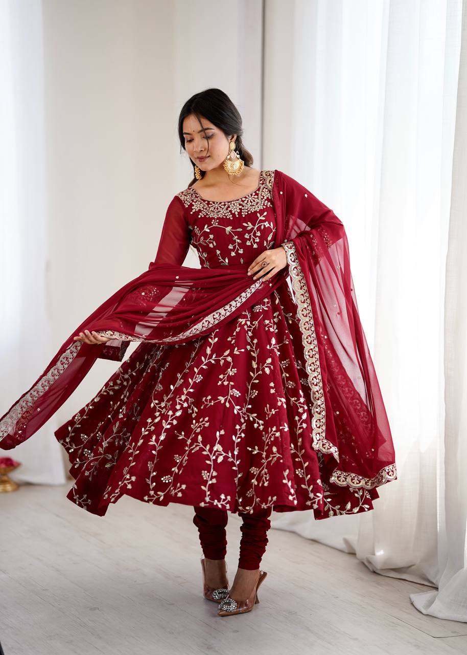 Prazu Fashion Maroon Georgette Embroidered Designer Anarkali Gown | Grocsy