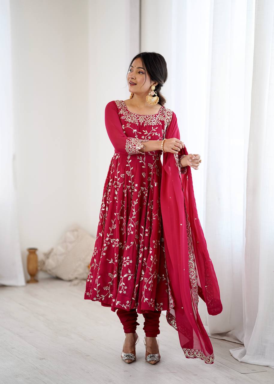 Prazu Fashion Pink Georgette Embroidered Designer Anarkali Gown | Grocsy