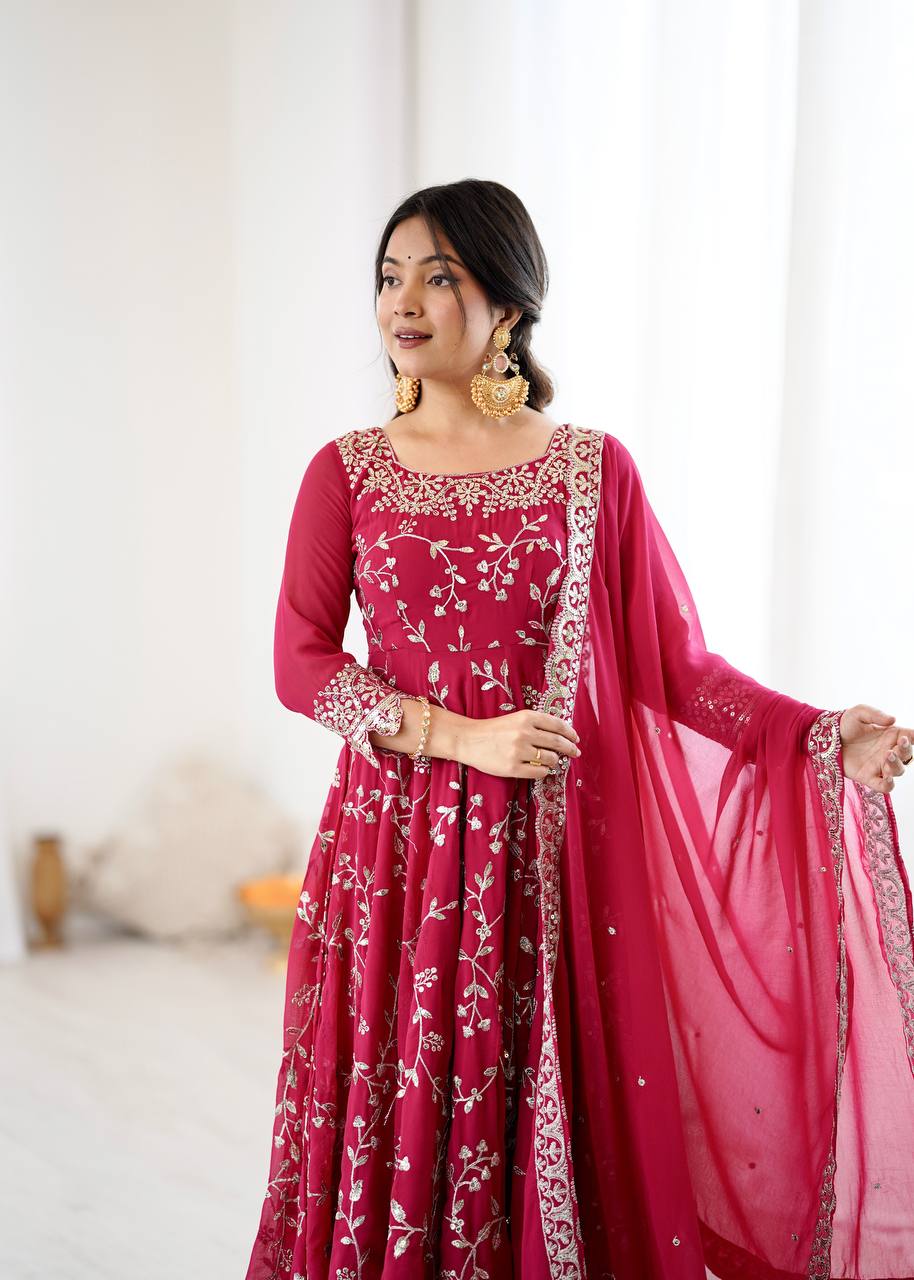 Prazu Fashion Pink Georgette Embroidered Designer Anarkali Gown | Grocsy