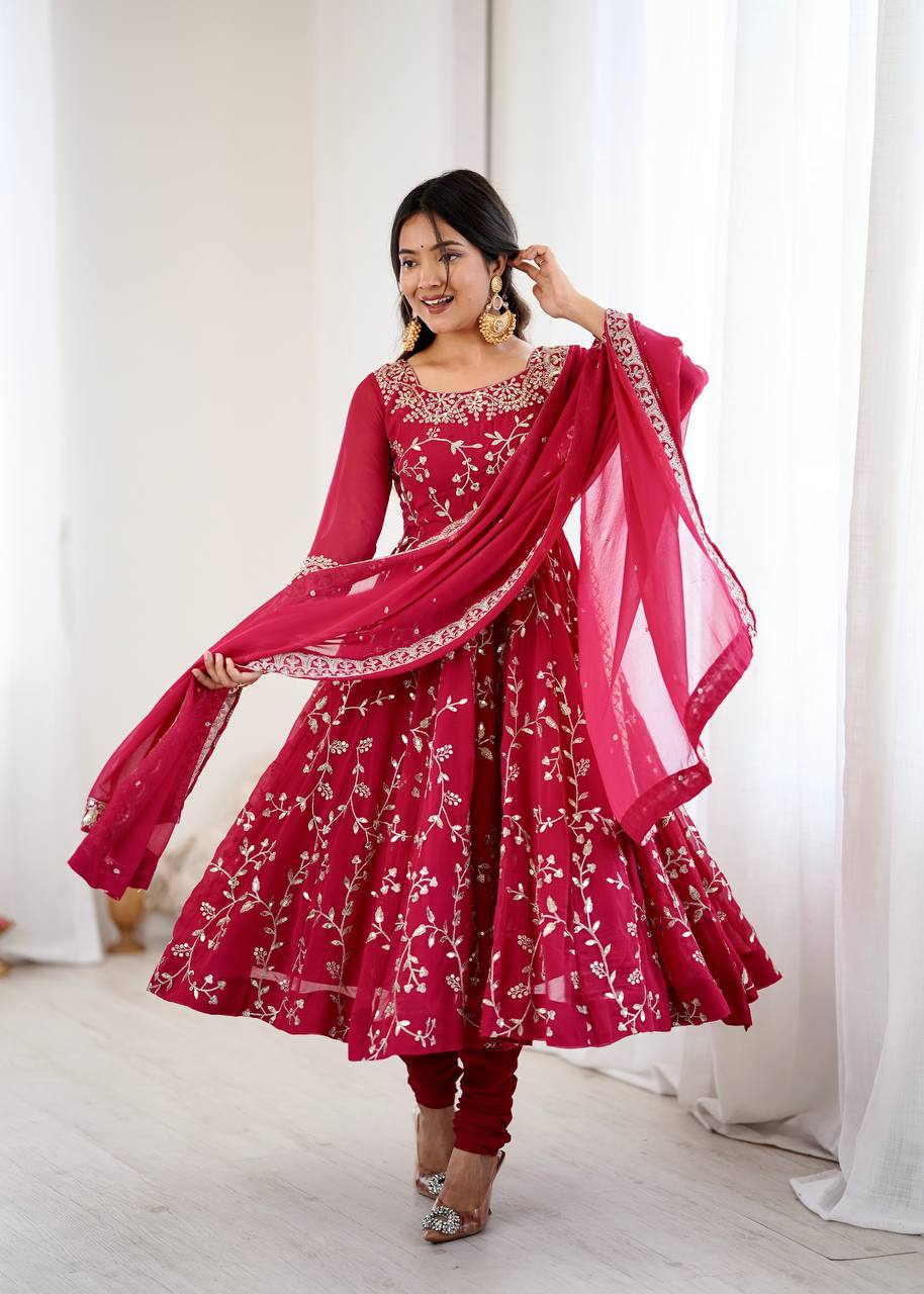 Prazu Fashion Pink Georgette Embroidered Designer Anarkali Gown | Grocsy