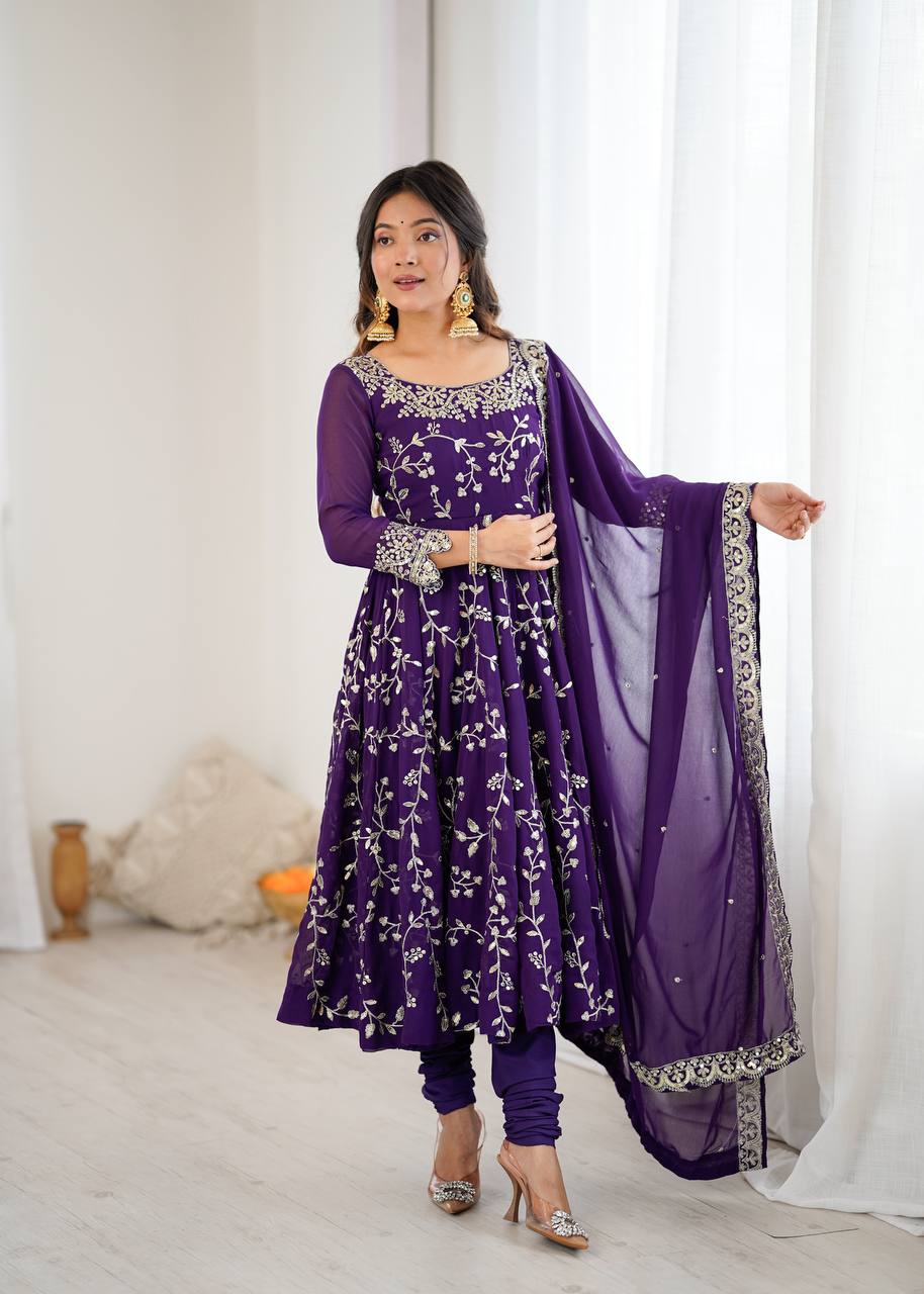 Prazu Fashion Violet Georgette Embroidered Designer Anarkali Gown | Grocsy
