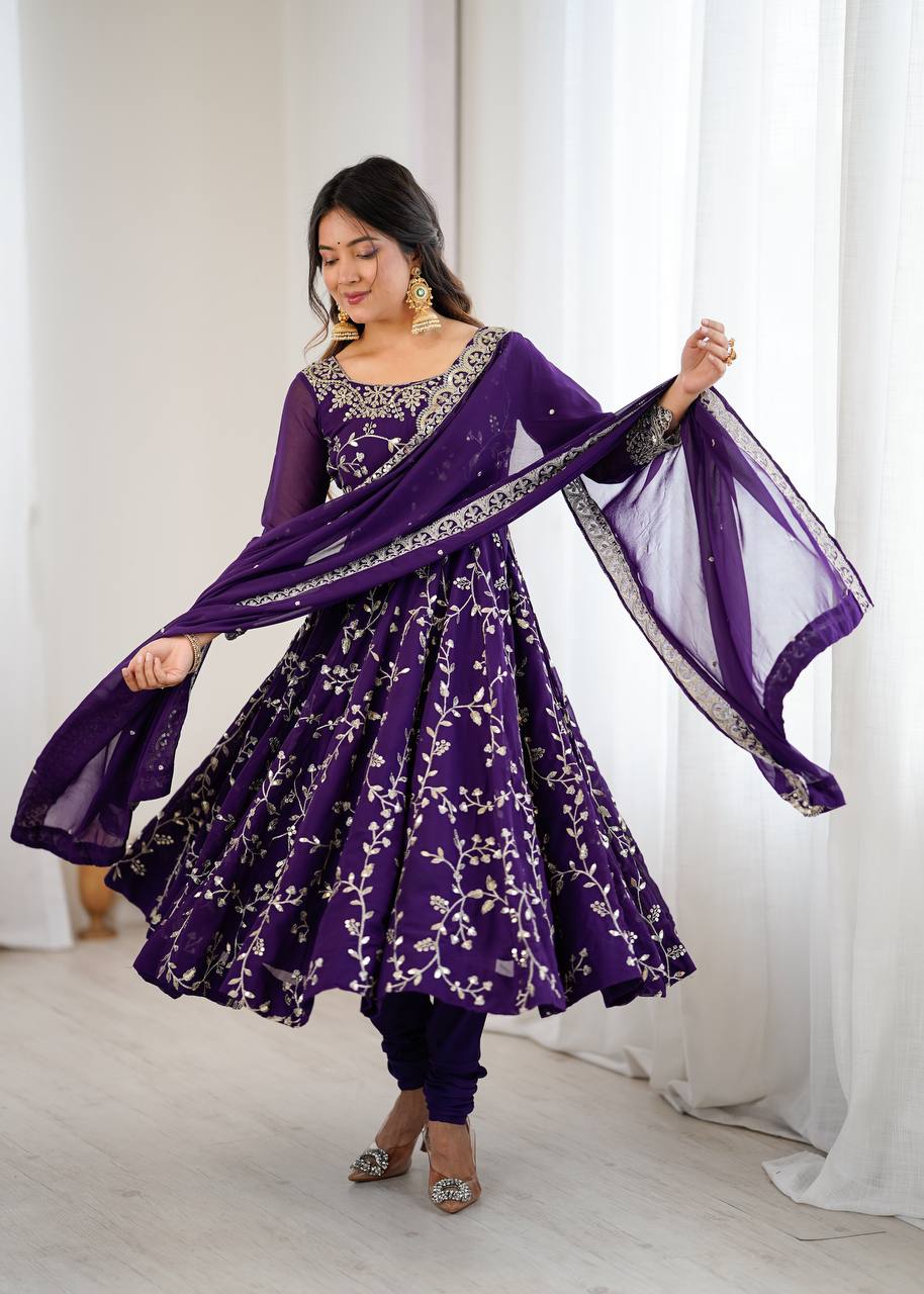 Prazu Fashion Violet Georgette Embroidered Designer Anarkali Gown | Grocsy