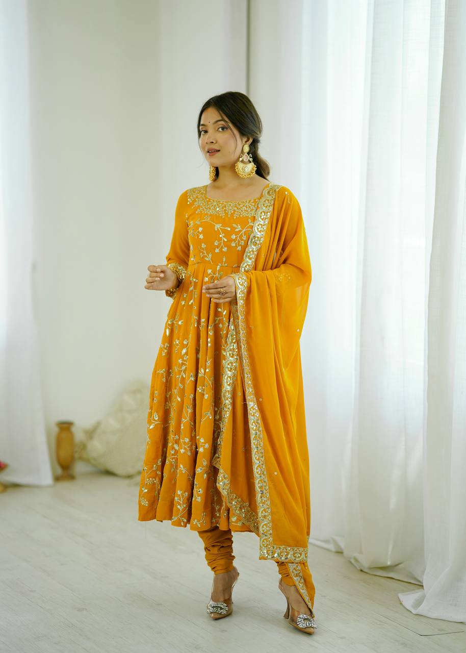 Prazu Fashion Yellow Georgette Embroidered Designer Anarkali Gown | Grocsy