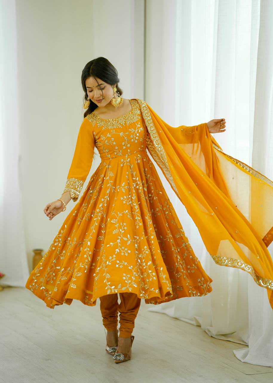 Prazu Fashion Yellow Georgette Embroidered Designer Anarkali Gown | Grocsy
