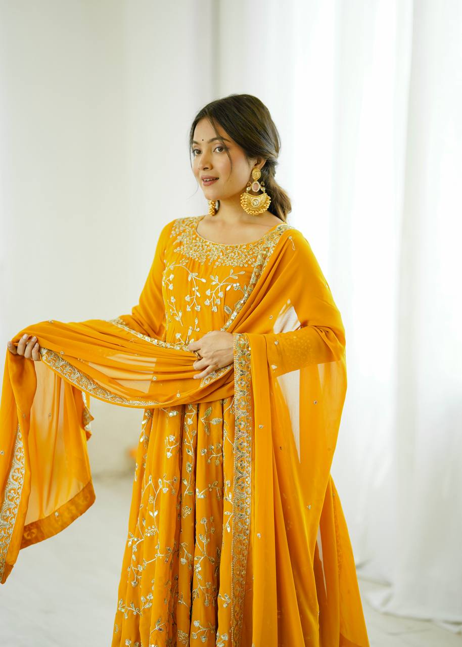 Prazu Fashion Yellow Georgette Embroidered Designer Anarkali Gown | Grocsy