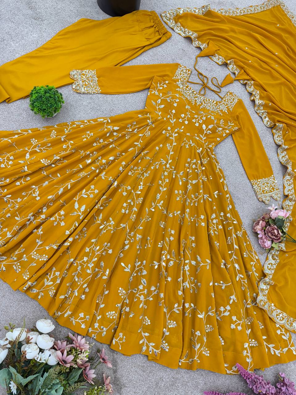 Prazu Fashion Yellow Georgette Embroidered Designer Anarkali Gown | Grocsy