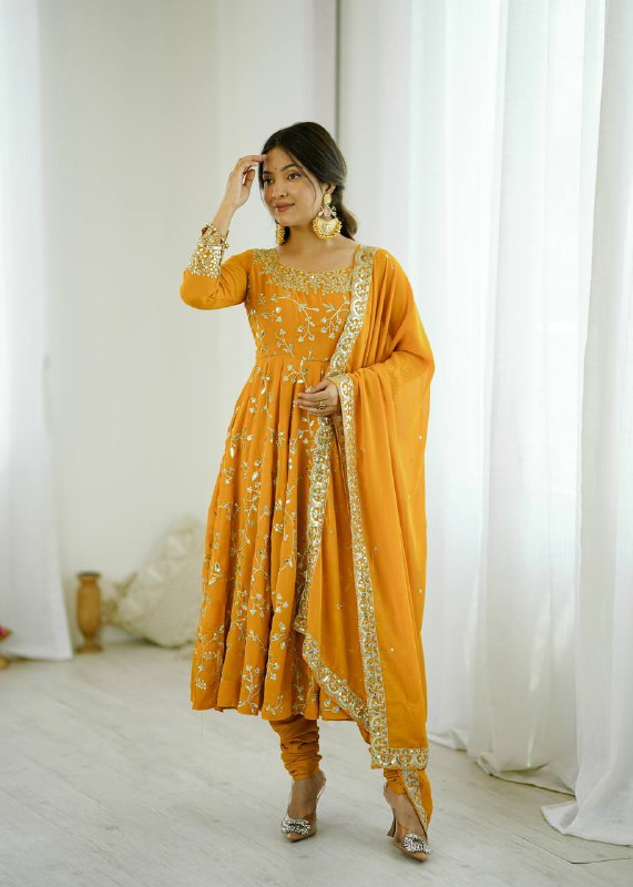 Prazu Fashion Yellow Georgette Embroidered Designer Anarkali Gown | Grocsy