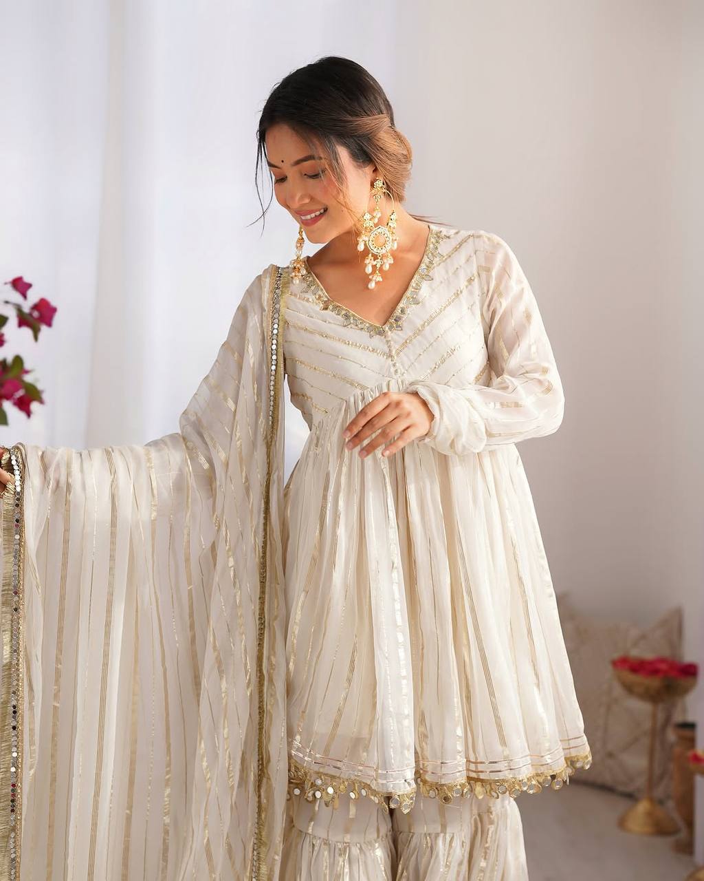 Prazu Fashion Off White Mal Chanderi Silk Mirror Work Designer Sharara Suit | Grocsy