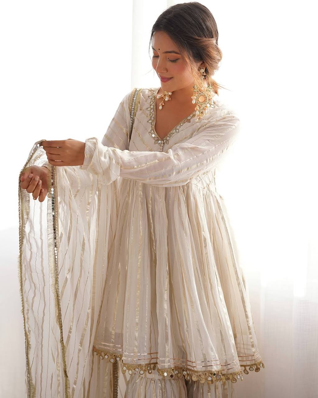 Prazu Fashion Off White Mal Chanderi Silk Mirror Work Designer Sharara Suit | Grocsy