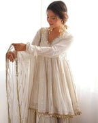 Prazu Fashion Off White Mal Chanderi Silk Mirror Work Designer Sharara Suit | Grocsy