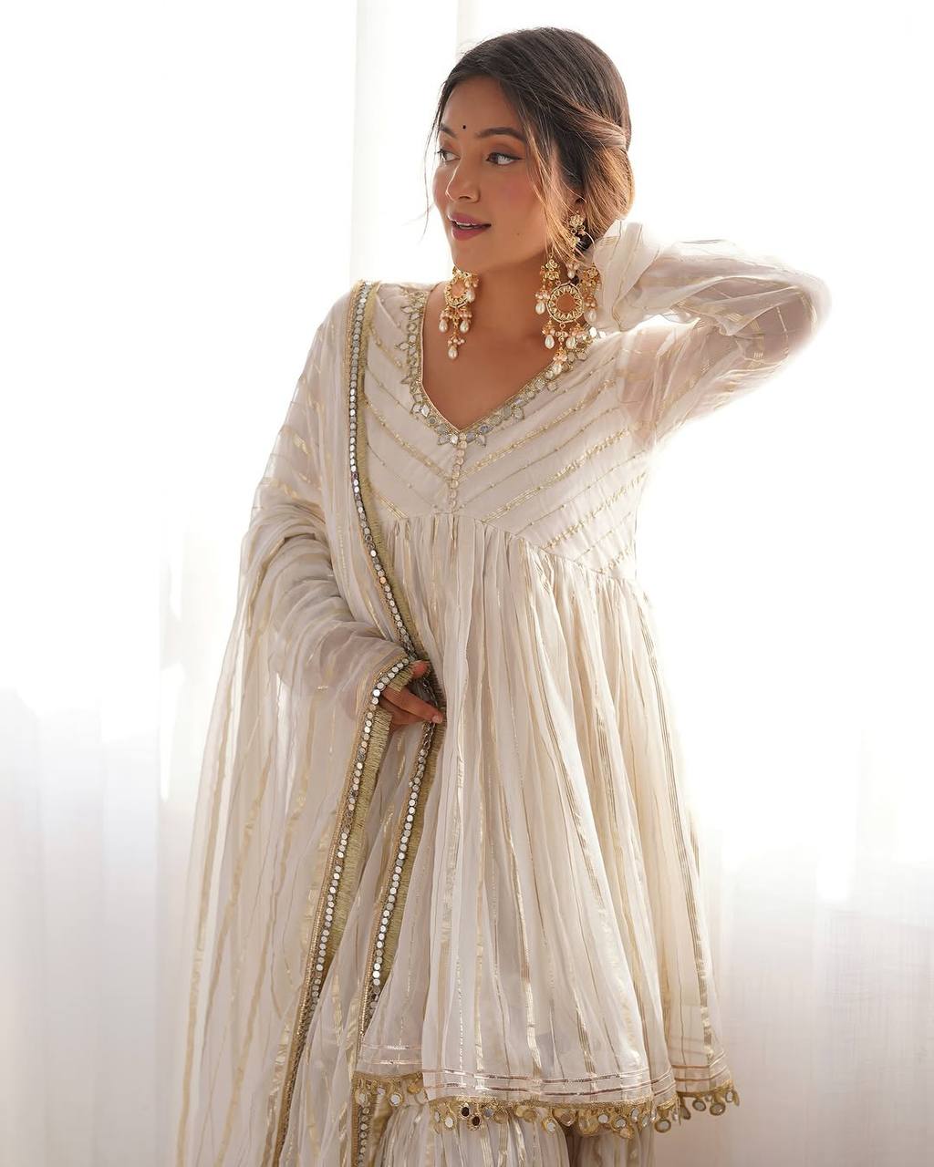 Prazu Fashion Off White Mal Chanderi Silk Mirror Work Designer Sharara Suit | Grocsy