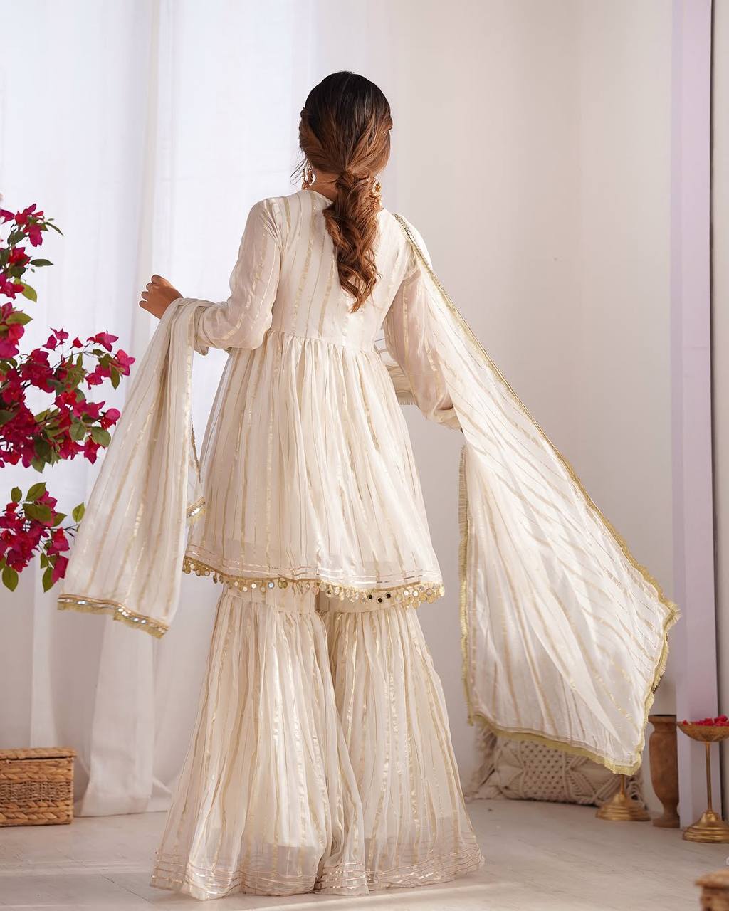 Prazu Fashion Off White Mal Chanderi Silk Mirror Work Designer Sharara Suit | Grocsy