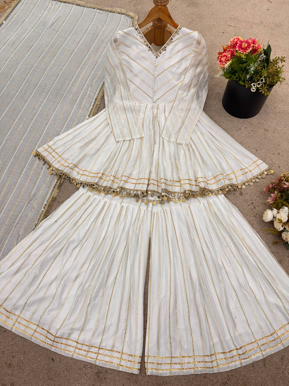 Prazu Fashion Off White Mal Chanderi Silk Mirror Work Designer Sharara Suit | Grocsy