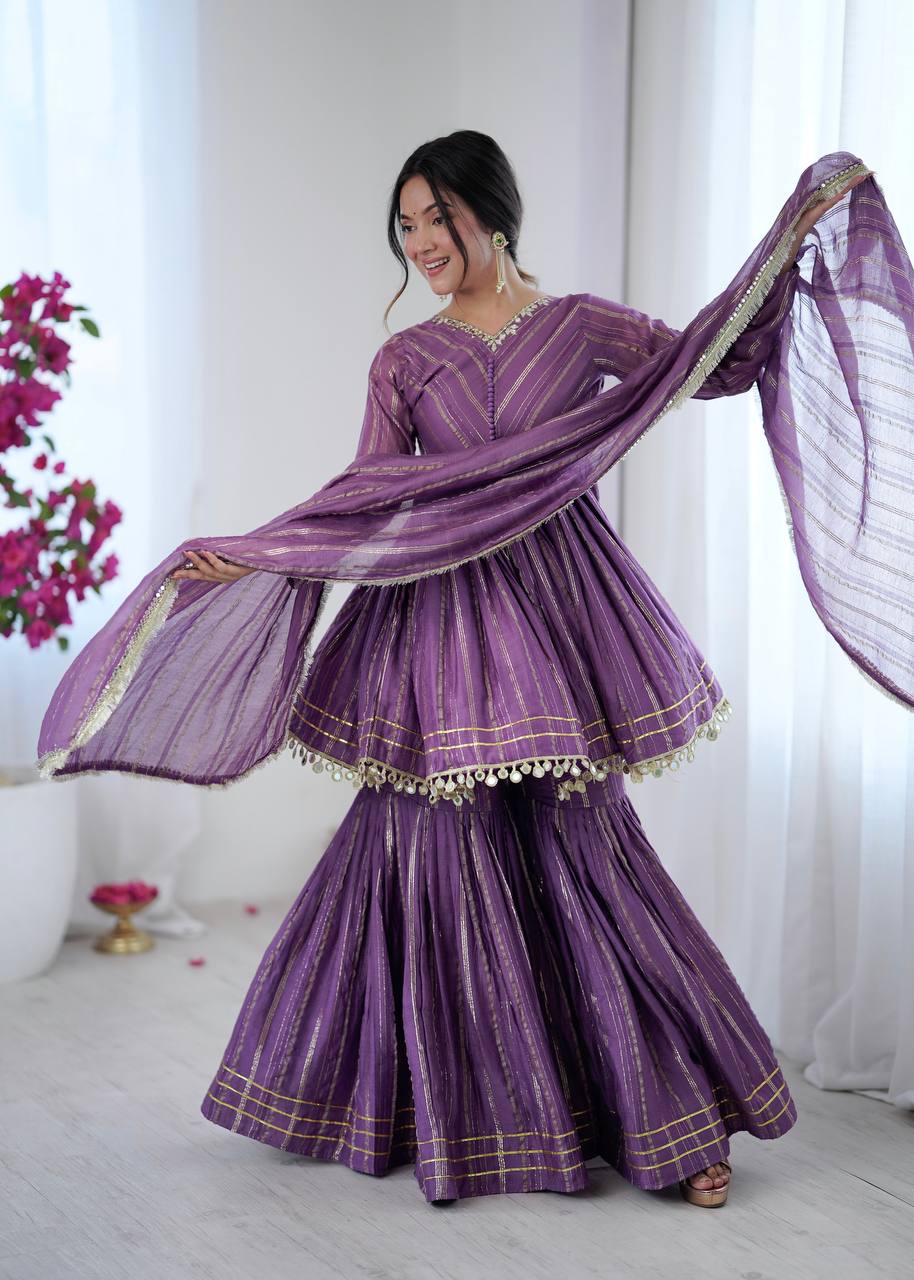 Prazu Fashion Lavender Mal Chanderi Real Mirror With Hand Work Sharara Suit | Grocsy