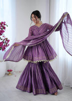 Prazu Fashion Lavender Mal Chanderi Real Mirror With Hand Work Sharara Suit | Grocsy