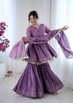 Prazu Fashion Lavender Mal Chanderi Real Mirror With Hand Work Sharara Suit | Grocsy