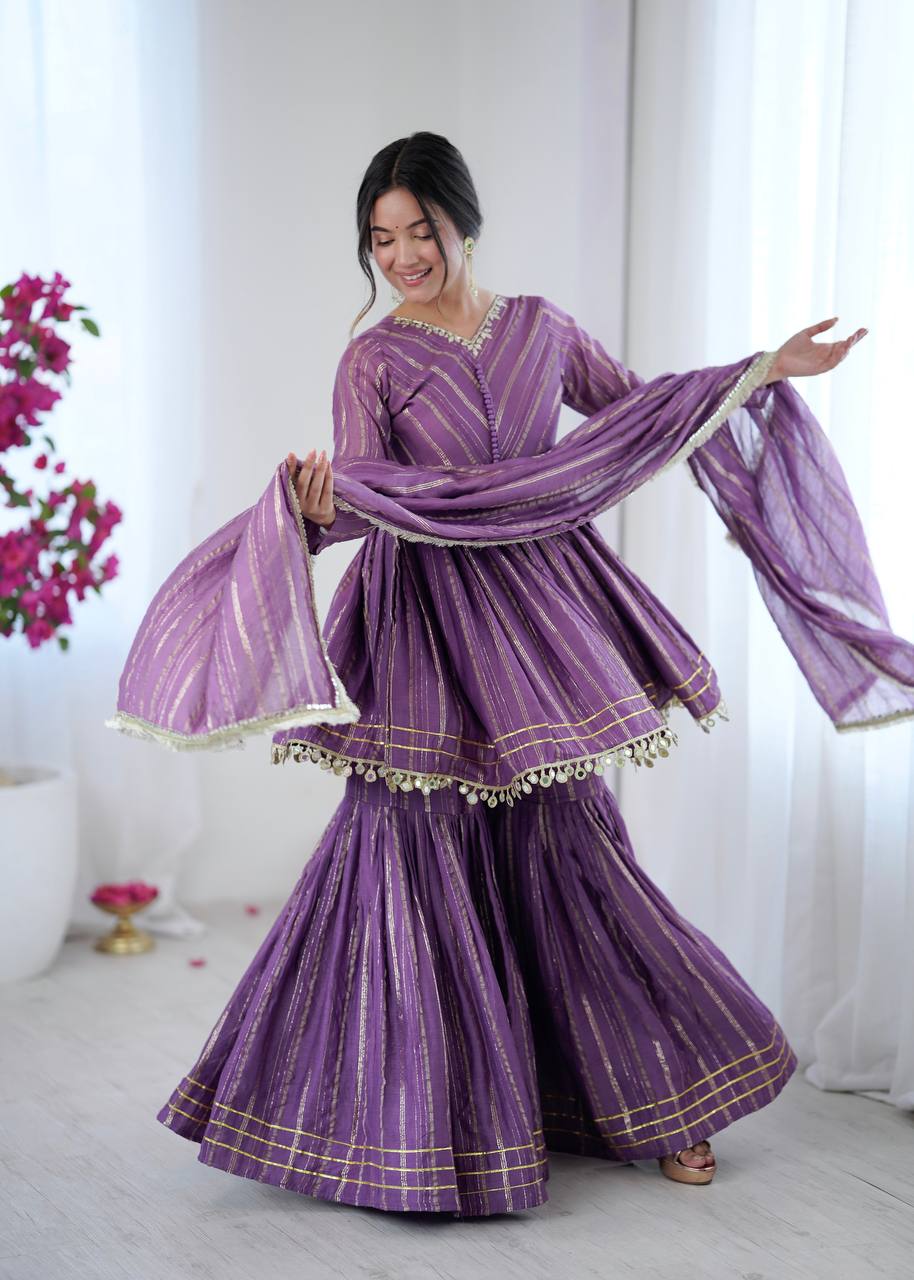Prazu Fashion Lavender Mal Chanderi Real Mirror With Hand Work Sharara Suit | Grocsy