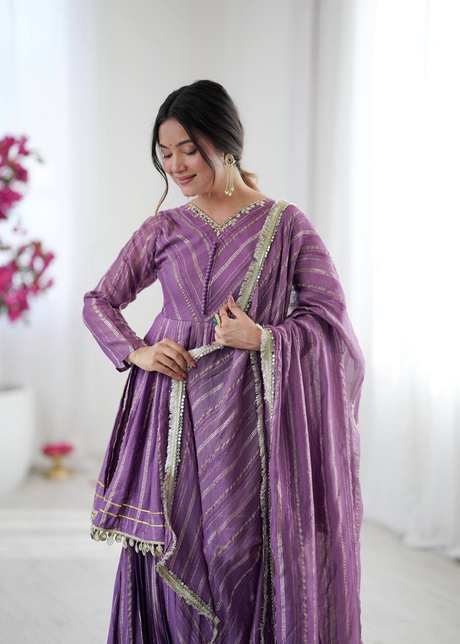 Prazu Fashion Lavender Mal Chanderi Real Mirror With Hand Work Sharara Suit | Grocsy