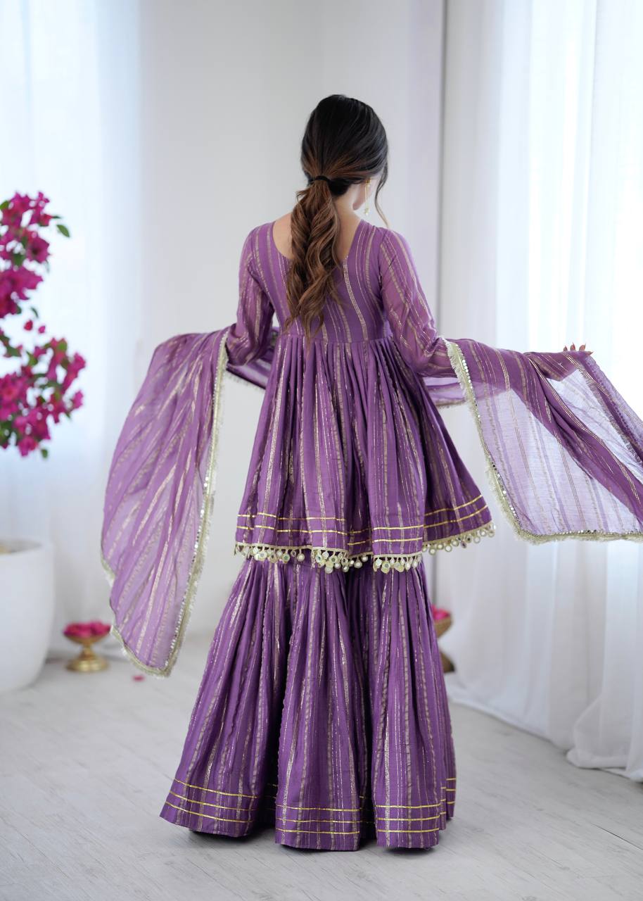 Prazu Fashion Lavender Mal Chanderi Real Mirror With Hand Work Sharara Suit | Grocsy