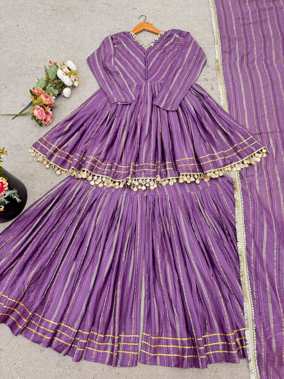 Prazu Fashion Lavender Mal Chanderi Real Mirror With Hand Work Sharara Suit | Grocsy