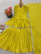 Prazu Fashion Lemon Yellow Mal Chanderi Real Mirror With Hand Work Sharara Suit | Grocsy
