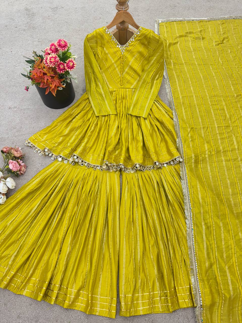 Prazu Fashion Lemon Yellow Mal Chanderi Real Mirror With Hand Work Sharara Suit | Grocsy