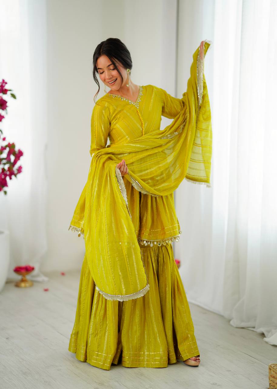 Prazu Fashion Lemon Yellow Mal Chanderi Real Mirror With Hand Work Sharara Suit | Grocsy