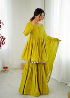 Prazu Fashion Lemon Yellow Mal Chanderi Real Mirror With Hand Work Sharara Suit | Grocsy