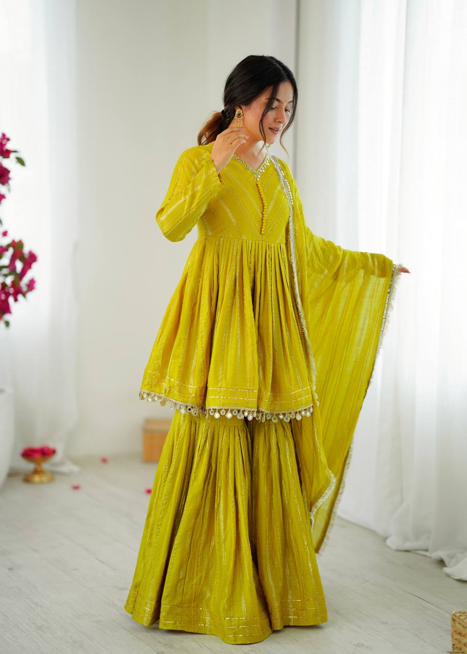 Prazu Fashion Lemon Yellow Mal Chanderi Real Mirror With Hand Work Sharara Suit | Grocsy
